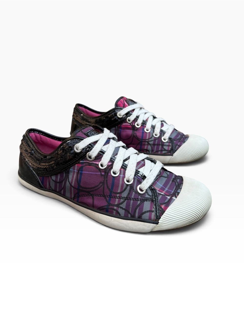 Coach Zorra Multi Plaid Signature C Low Top Sneakers Purple Sequin Trim Size 8.5 - Picture 7 of 7